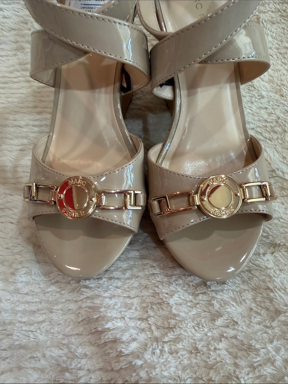 Marc Fisher Nude Patent Leather Strappy Heels with Gold Medallion - Picture 5 of 5